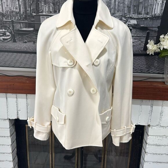 Anne Klein Coat double breasted Blazer Jacket Sz 8 Stretch Ivory Beige Cream - Picture 1 of 7
